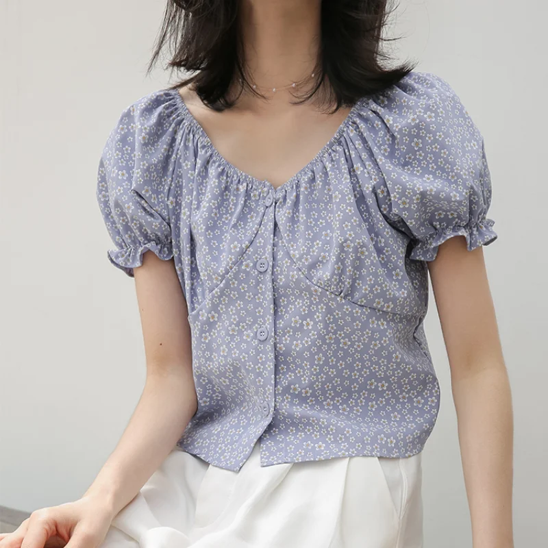 

Casual Spring Summer Floral Print Chiffon Blouse Women Ruffle Sleeves V-neck Blouses Holiday Style Lady Short Shirt Tops