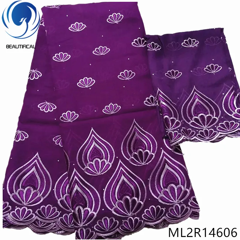Красивые белые нигерийские хлопчатобумажные ткани фиолетовая вышивка