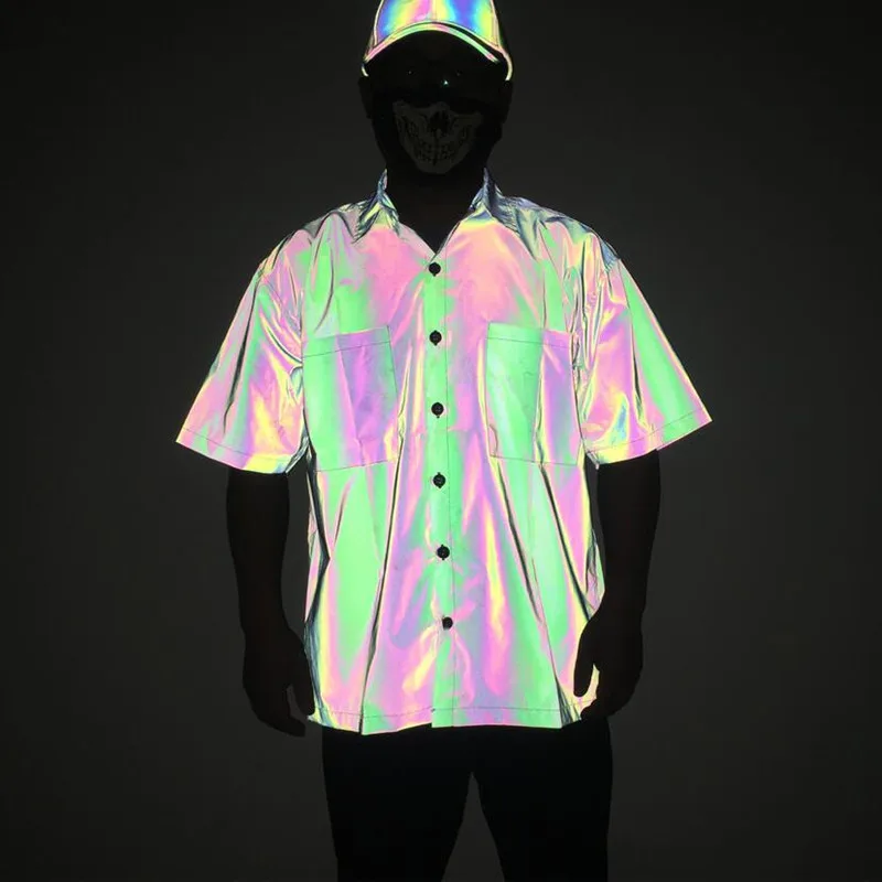 

Trendy Fashion Reflective Shirt Men's Short Sleeve Shirt Street Hip Hop Punk Top Men's Retro Casual Rainbow Reflective Shirts