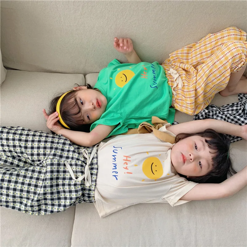 

2021 Summer New Kids Clothes Korean Loose Pants Plaid Cotton Children Clothing