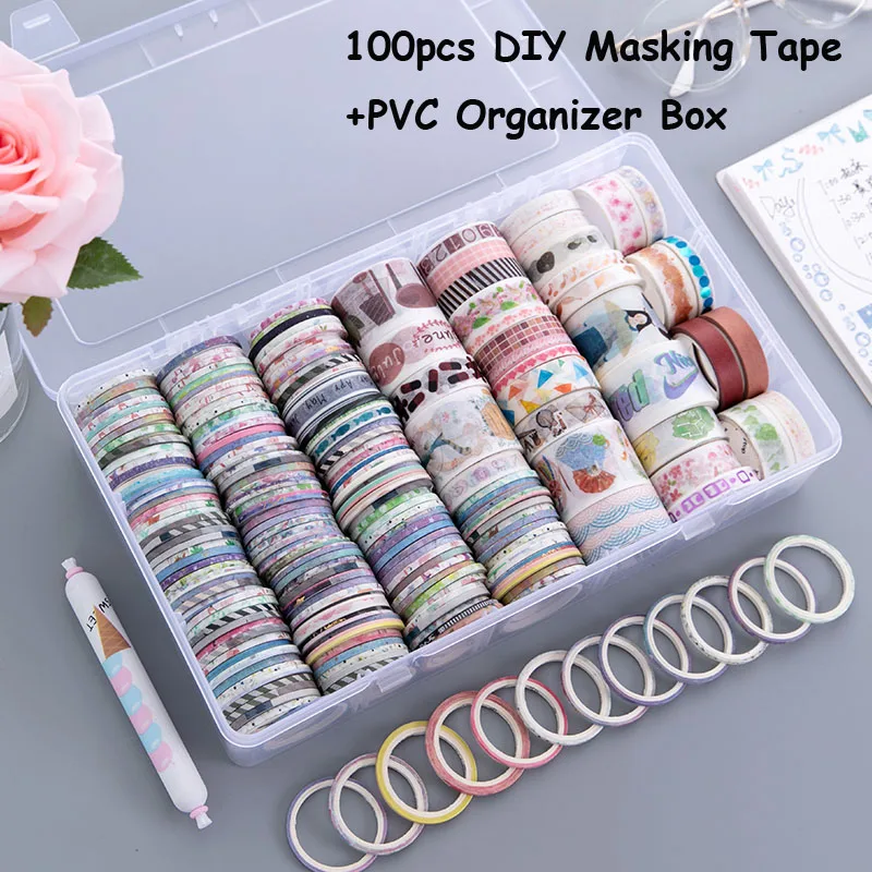 

SKYSONIC 100pcs Washi Tape+Transparent Box Organizer Adhesive Masking Tapes Set Decorative Sticker Scrapbook Tape Gift Sets