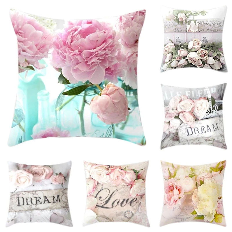 

New 6Pcs Peach Velvet Pillowcase Colorful Flowers Throw Pillow Covers for Home Sofa Bedroom Pink Red Roses Plush Pillowcases