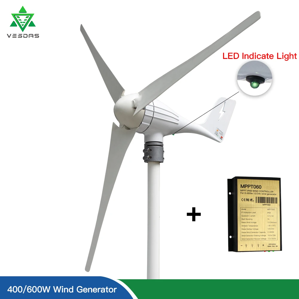 Turbina generadora de viento de 600W o 400W, 12V y 24V, 3/5 cuchillas, 12 M/S, molino de viento de baja velocidad, luz LED indicadora con controlador de carga gratuita