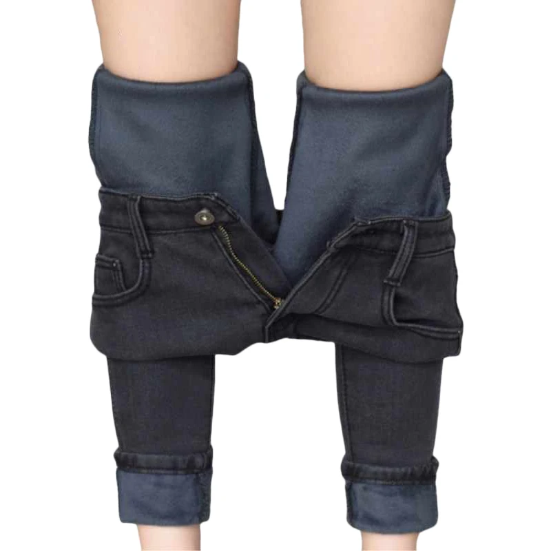 Winter Warm Jeans Women Elastic High Waist Denim Pants Female Trousers Soft Thickened Black Velvet Jeans Fleece Long Pants