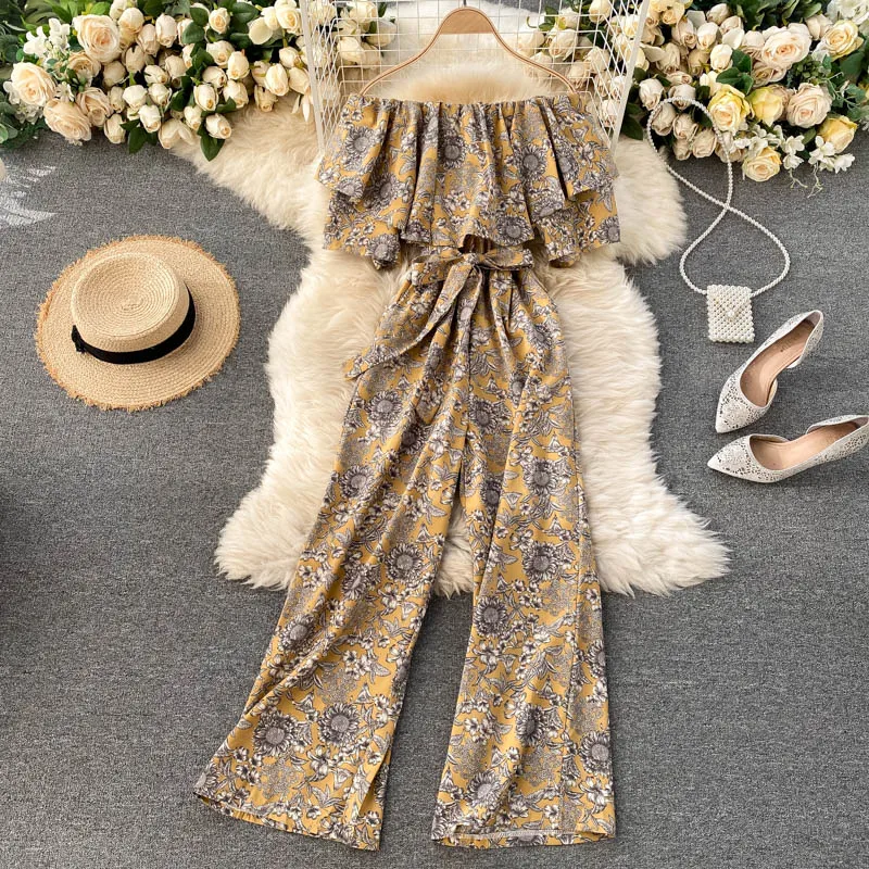 

2022 Summer Women's Jumpsuit Korean Retro Printing One-way Neck Tie Jumpsuit New Waist Slim Female Wide-leg Jumpsuit LH542