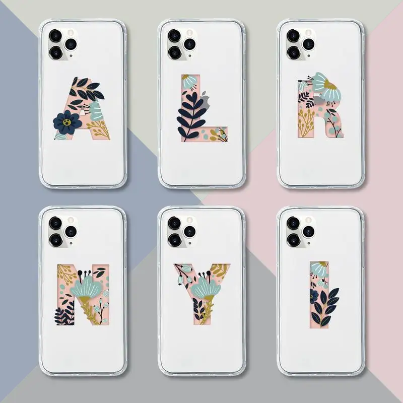 

Custom 26 letter flower Phone Case Transparent For iPhone 12 11 pro mini XS XR X max 5 6 s 7 8 plus Soft TPU Clear Mobile bags