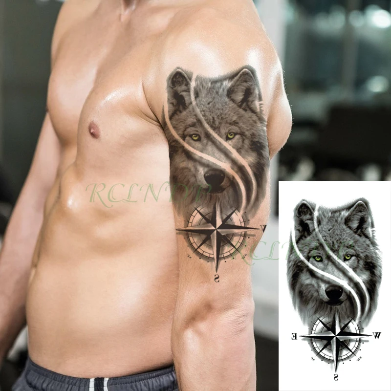 Водостойкая временная татуировка наклейка голова волка животное компас