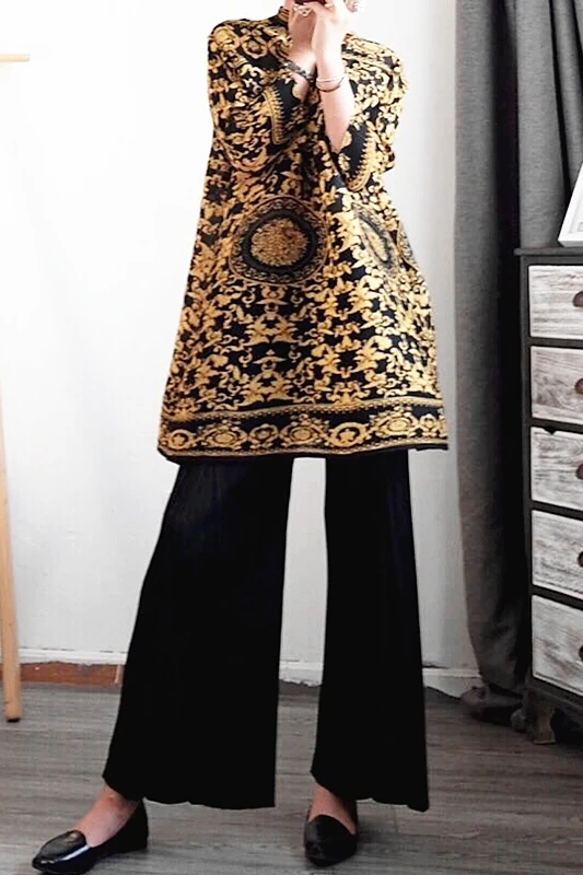 

Autumn Winter 2020 Chinese Style Print Plus Size Loose Turtleneck A Line Dress for Women