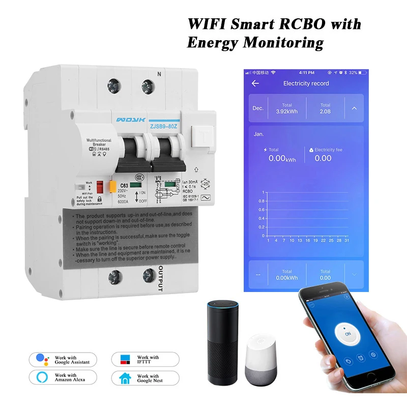 

eWelink 2P wifi energy monitoring RCBO circuit breaker overload short current leakage protection with Alexa and google home