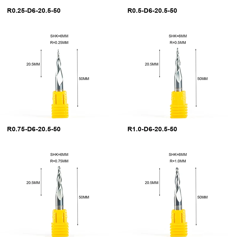 5 шт. R0.25 R0.75 R1 * D6 * 20,5 * 50L * 2F твердосплавные конические концевые фрезы Фрезы с ЧПУ конусные фрезы для дерева и металла от AliExpress RU&CIS NEW