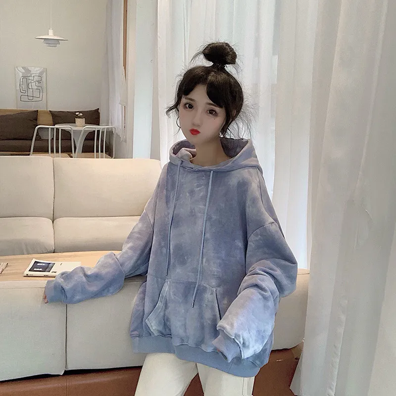 Корейские уличные милые синие толстовки KPOP галстук окрашенные Свободные Harajuku пуловер Tumblr Kawaii с длинными рукавами розовый свитер с капюшоном