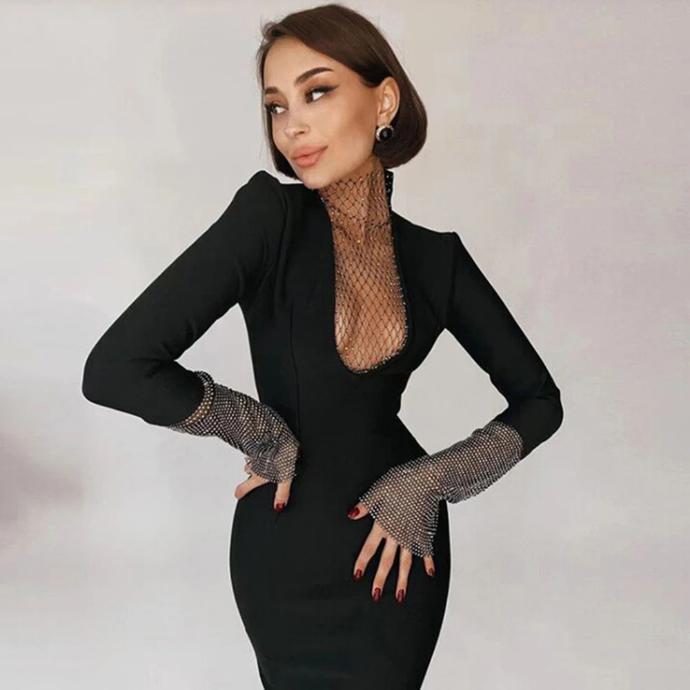 

High quality women's black fishnet long sleeve shiny hollow sexy mid-length elegant Kylie Jenner celebrity party dress Vestidos