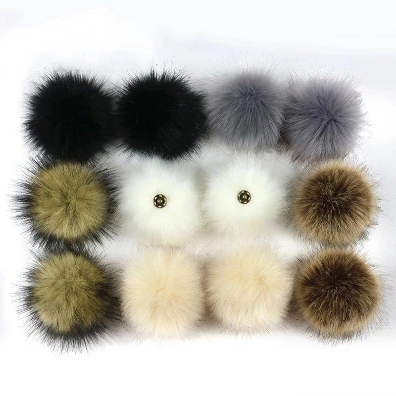 2pcs Fluffy Faux Fur 12cm Pom Pom Ball with Press Button for Baby Girl Pompoms Beanie Hat Accessories Press Stud Ball Garment Tags