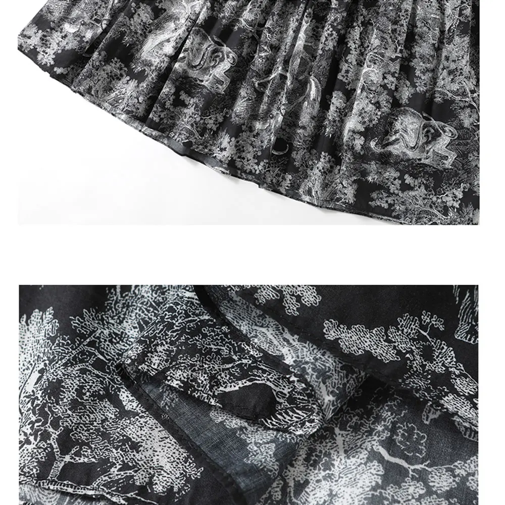 

Vintage Black Maxi Dress With Belt Woman 2021 Summer Retro Flower Print Shirt Collar Short Sleeve A Line Party Long Dress M71803