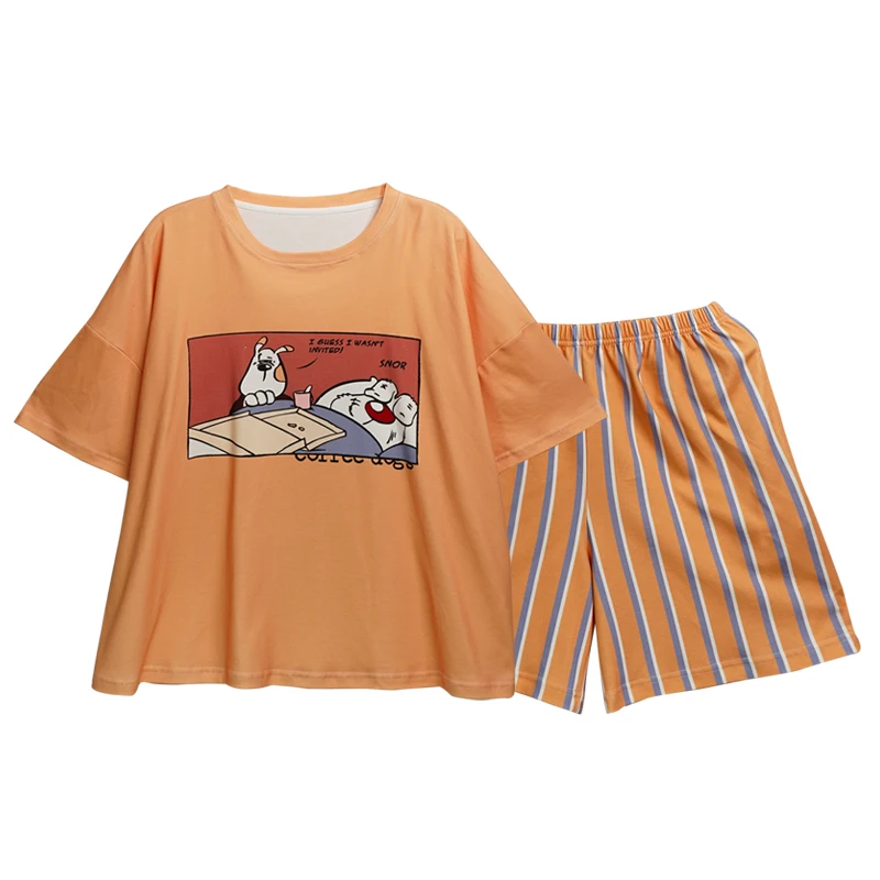 

Orange Funny Cartoon Printing Pajamas Set For Women Fashion Cotton Stripe Short Sleeve Shorts Playful Sleepwear Summer Plus Size