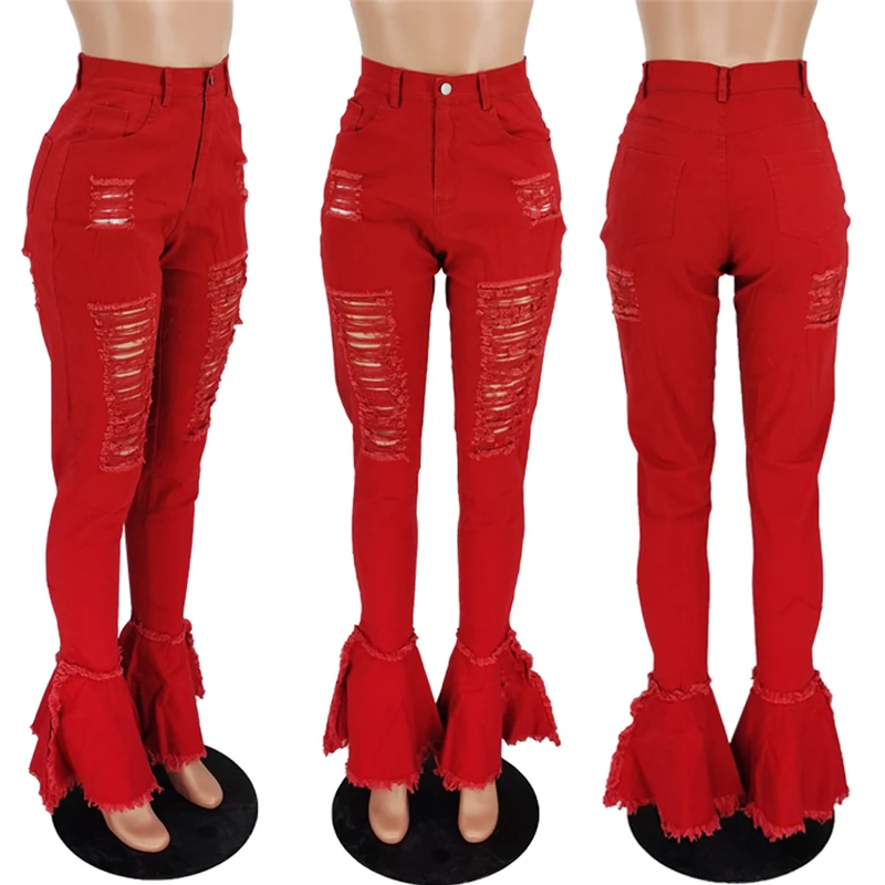 

Cutubly Holes Tassel Ruffle Jeans Button Fly Ripped Jeans For Women Flare Pants For Women Bell Bottom Denim Trousers Fashion