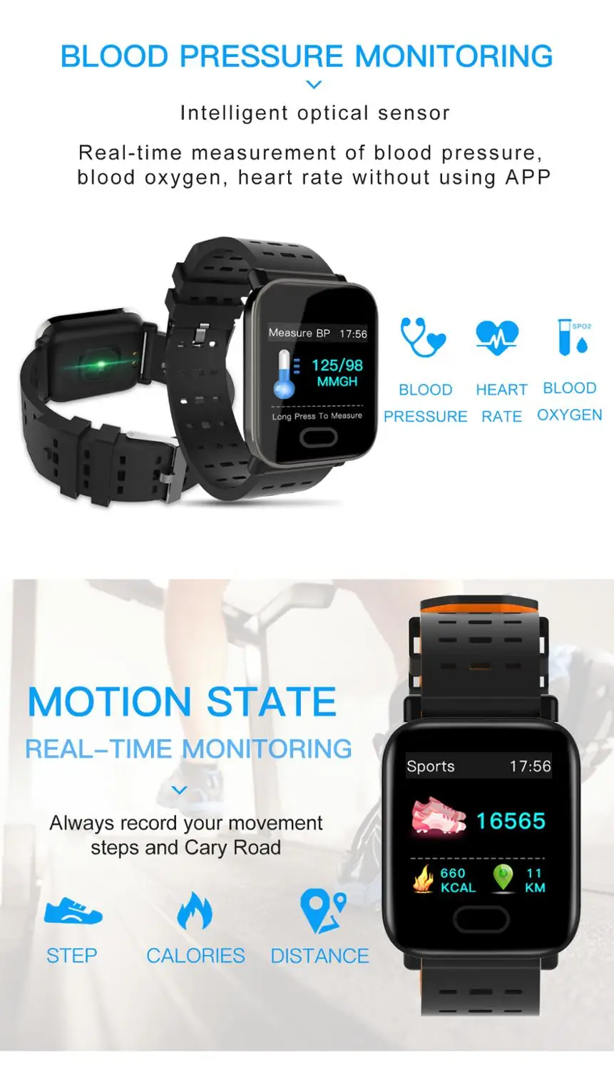 Waterproof Smart Bracelet A6 Blood Pressure watch Color Screen smart wristband Fitness Tracker Heart Rate Monitor | Электроника