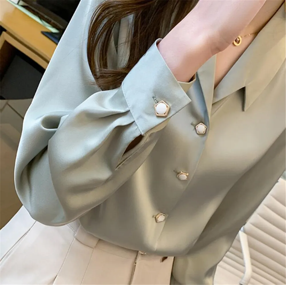 Корейские женские шелковые рубашки с длинным рукавом атласные блузки женская