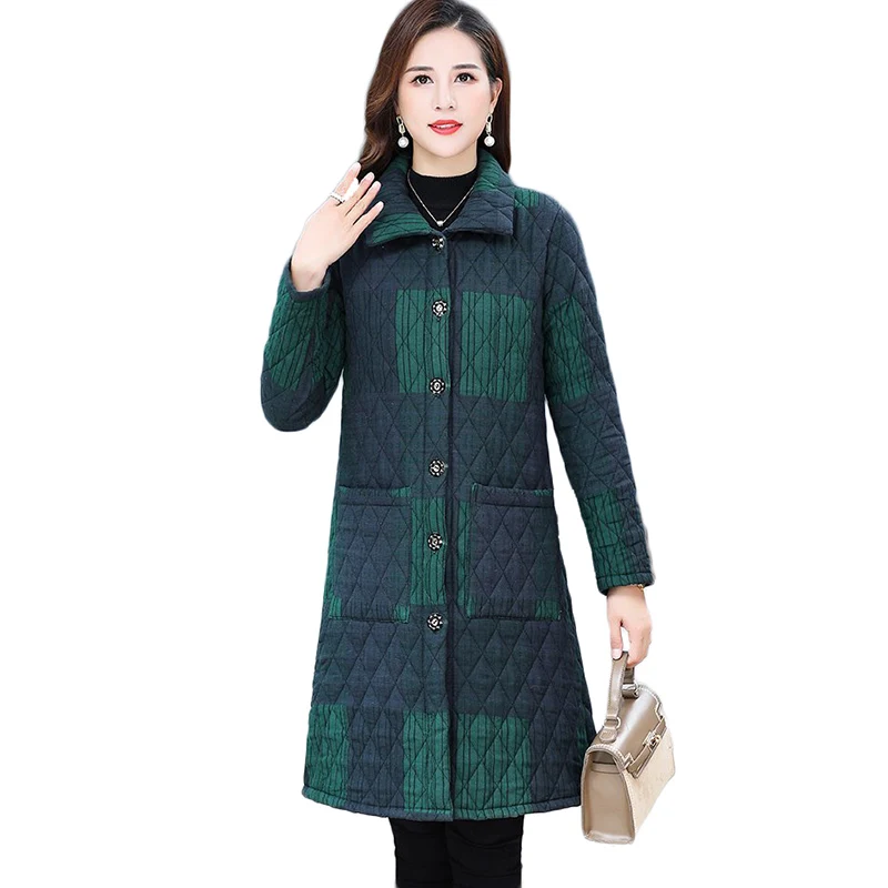 

New Middle-aged Women Warm Plaid Cotton Coat Autumn Winter Loose Long Overcoat Plus Size Spring Fashion Women's Short Outerwear