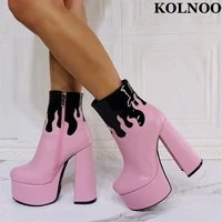 kolnoo new pink designed handmade ladies chunky heel boots platform sweet xmas club ankle booties evening fashion party shoes