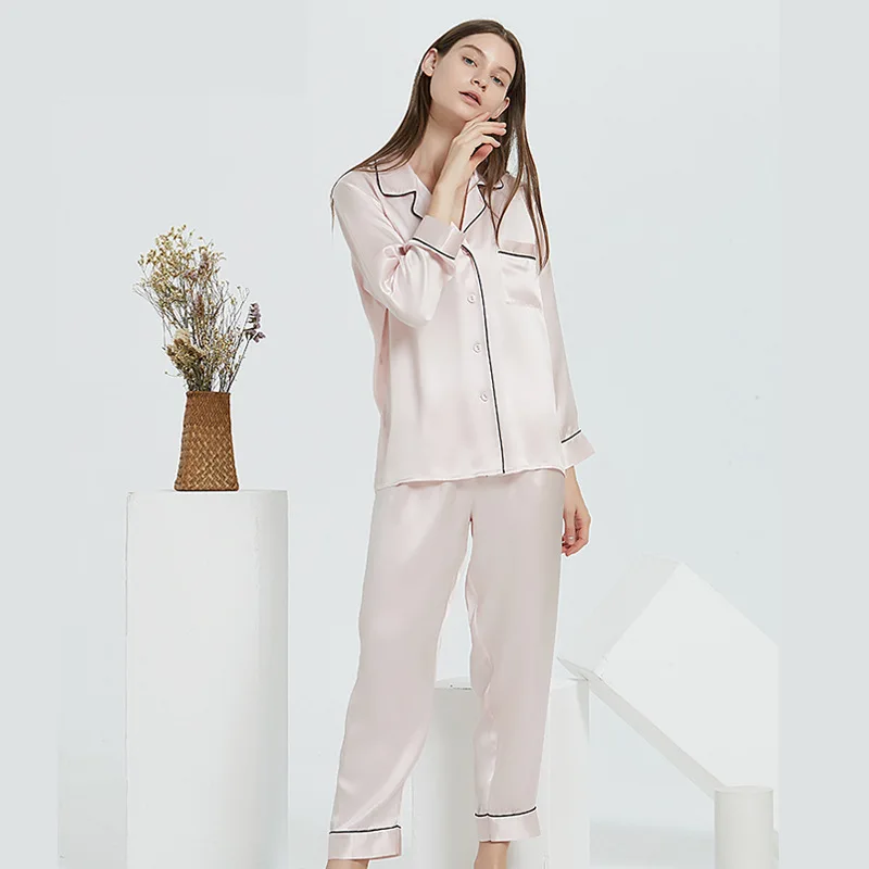 16 Momme Mulberry Silk Pyjama 100% Silk Luxury Long Sleeve Trouser Female Real Silk Homewear Summer Sleepwear Women Pijama