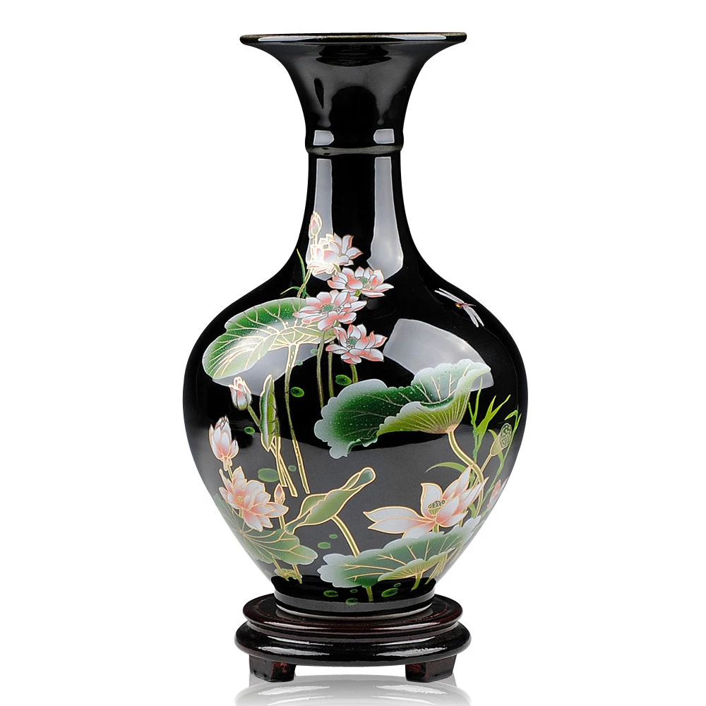 

Цзиндэчжэнь резко глазурованная черная керамическая ваза с рисунком лотоса для современного домашнего украшения гостиной
