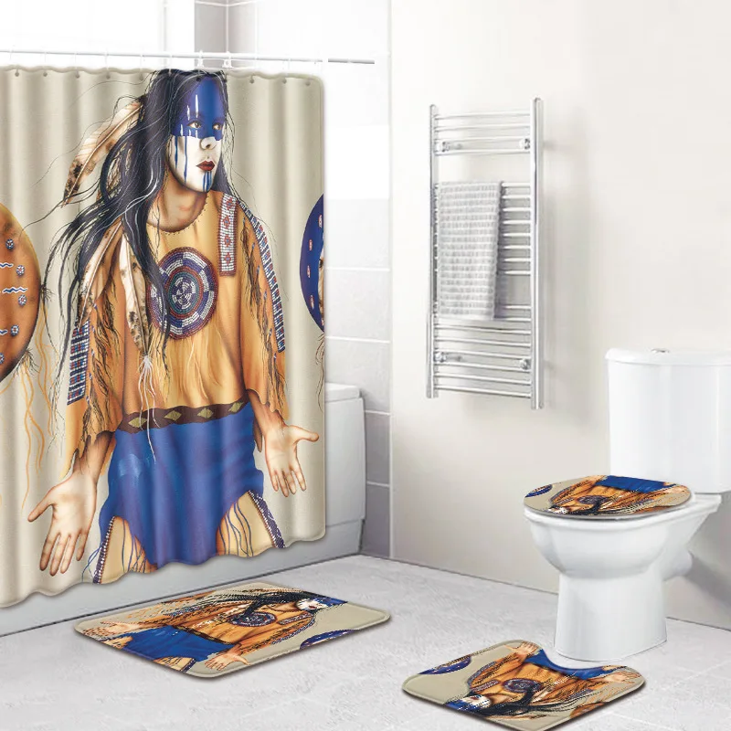 

4 Pcs Abstract art African American Shower Curtain Rug Sets Toilet Cover Bath Mat Set Bathroom Accessories Curtains With Hooks