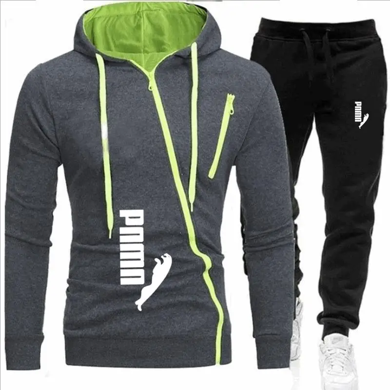 

2021 new two-piece sportswear, two-piece men's inclined zipper Hoodie, hooded sweatshirt and pants, leisure sportswear