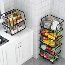 Black Carbon Steel Storage Rack Holder Vegetable Fruit Kitchen Organizer Home Floor Rack with Wheels  Multi-layer Mobile Shelf