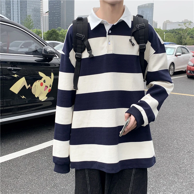 

Autumn All-Match Casual Striped Loose Long Sleeve Men Polo T Shirts Fashion Lapel Black Yellow Oversized Punk Streetwear Clothes