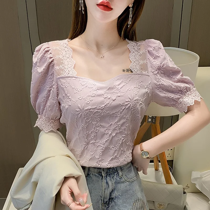 

Fashion Short Sleeve Lace Chiffon Tops Summer 2021 Square Collar Embroidery Blouse Women Solid Stitching Floral Lady Shirt 14114
