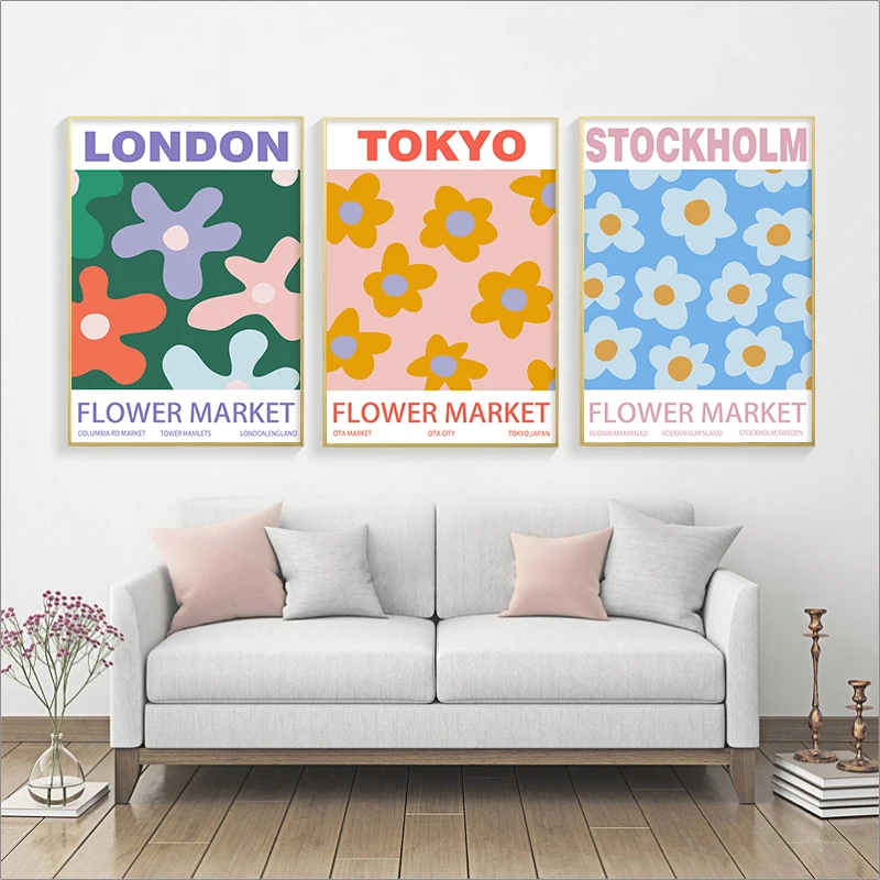 

Abstract Flower Market Vintage Minimalist London Tokyo Stockholm Wall Art Canvas Painting Nordic Posters And Prints Wall Picture