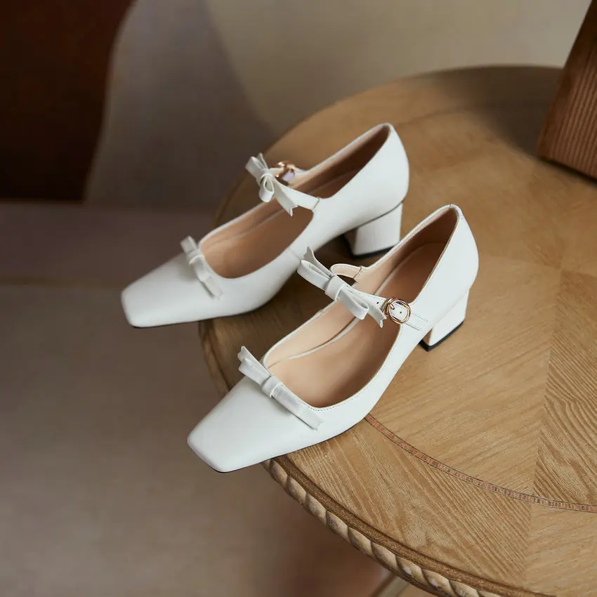 

QUTAA 2021 Bowknot Square Toe Women Pumps Buckle Genuine Leather Elegant Ladies Shoes Spring Female Square High Heels Size 34-43