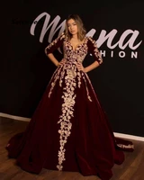 2022 kaftan caftan burgundy velvet evening dresses prom dress half sleeve gold luxury lace applique arabic dubai abaya occasion