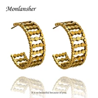 monlansher medium gold color stainless steel geometric hollow metal hoop earrings womens minimalist trendy earrings jewelry