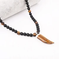 high quality 24 inches new design natural stone black matte onyx tiger eye beads ox horn pendant necklace for men