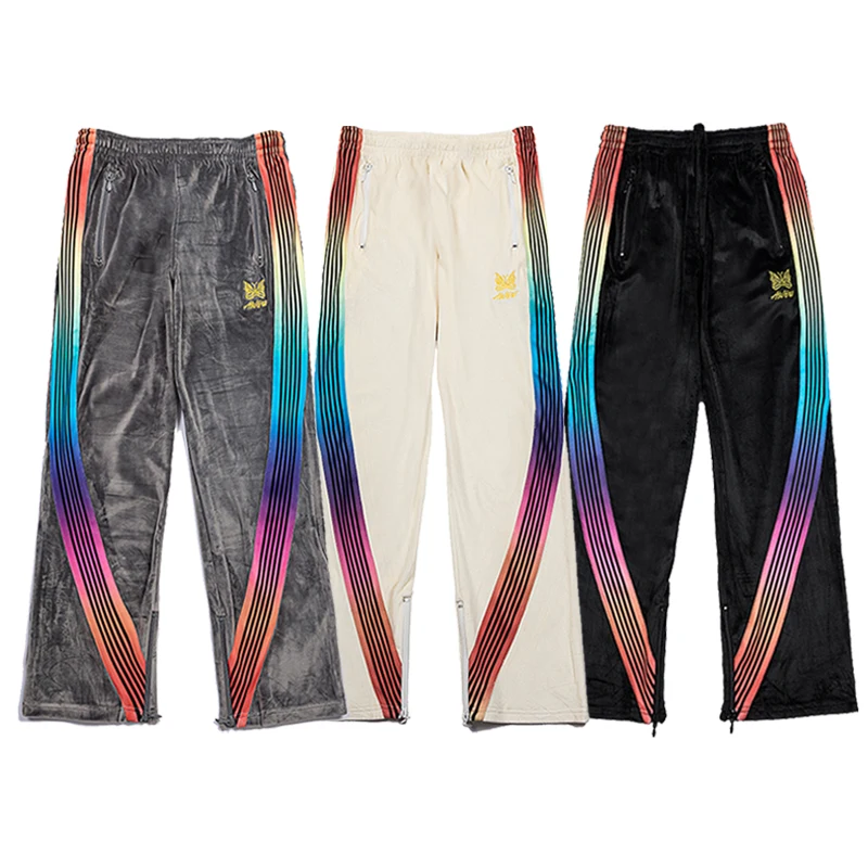 

2022 Velvet AWGE Needles Sweatpants Men Women Butterfly Embroidered Needles Drawstring hip hop Striped Webbing Trousers KZ726
