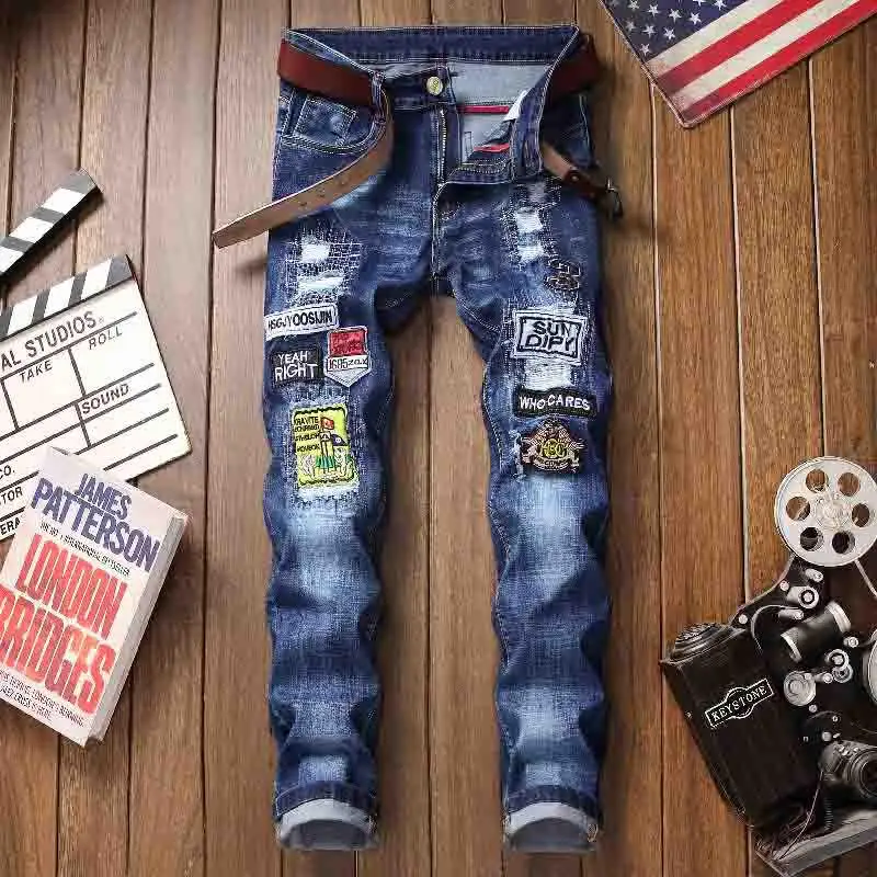 

Men's Fashion Trend Motorcycle Jeans Slim Fit Straight Denim Pants Ripped Skinny Trousers