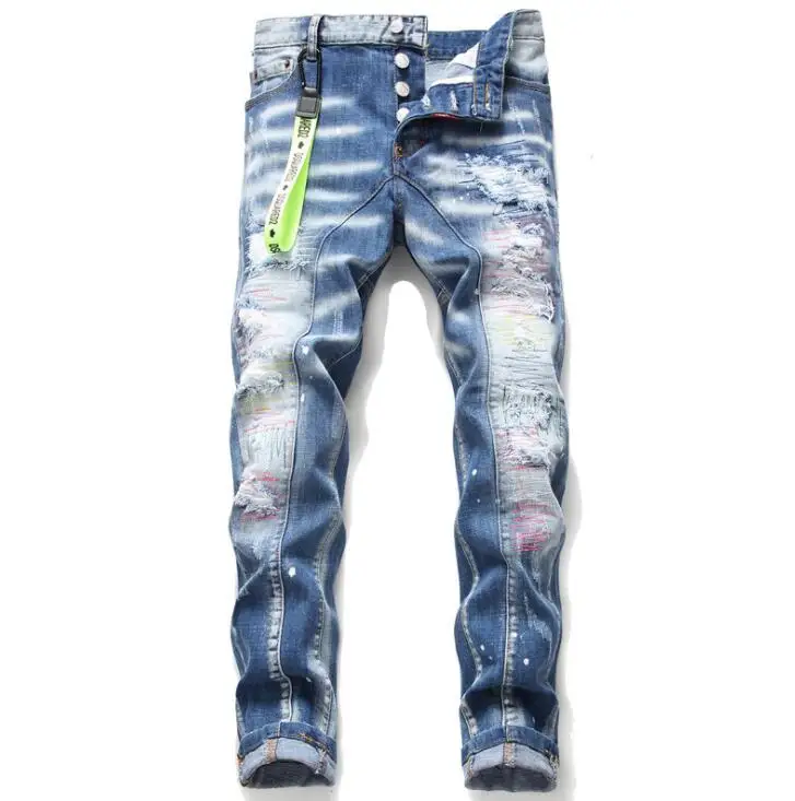 

Узкие джинсы мужские рваные упругая краска спрей синие джинсы Экстра Ланг шить нищий Штаны ветровка мужская джинс