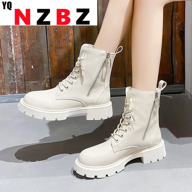 

Autumn New Lace-up Round Toe Lace-up Women's Boots Ankle Boots Platform Thick Heel Mid-heel Short Boots Gothic Motorcycle Boots