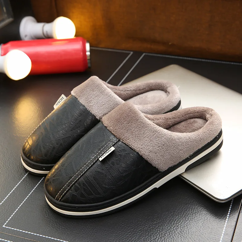 

Men Winter Slippers Leather Home Warm Non-slip Indoor Cotton Shoes Pu Waterproof Thick-soled Large-size Fur Male Slippers