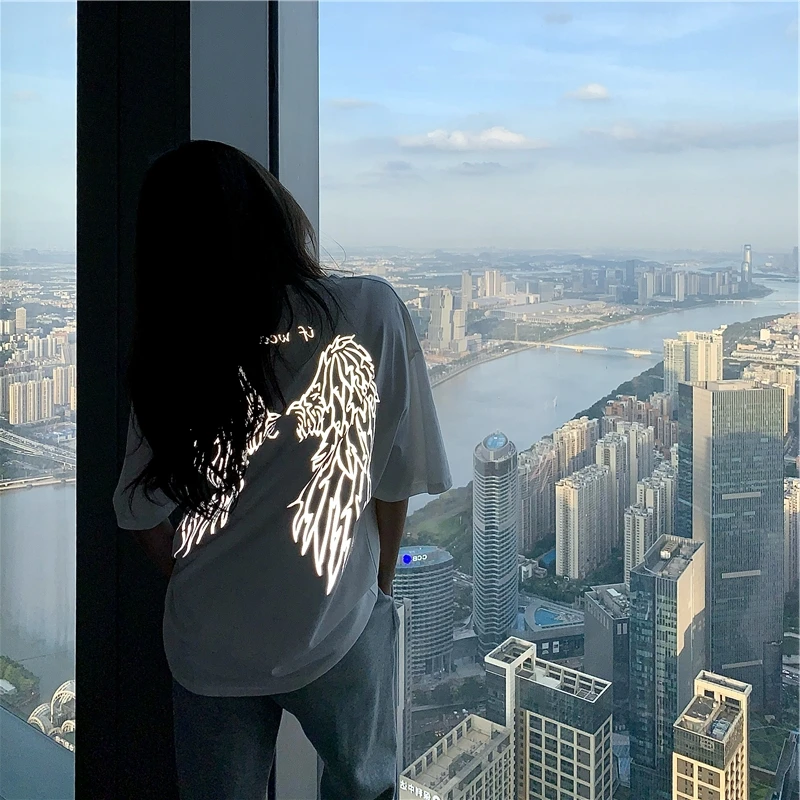 

Vintage Punk Harajuku Gothic Dark Loose Short Sleeve Plus Size Top Wing Reflective Print Clothes Dropshipping Black Dropshipping