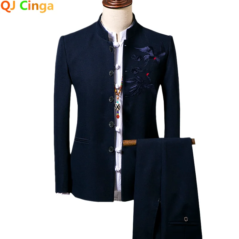 

Autumn New Mens Two-piece Set Chinese Style Men Embroidered Coat and Pants Large Size S-5xl Male Suits Red Blue Gray Black