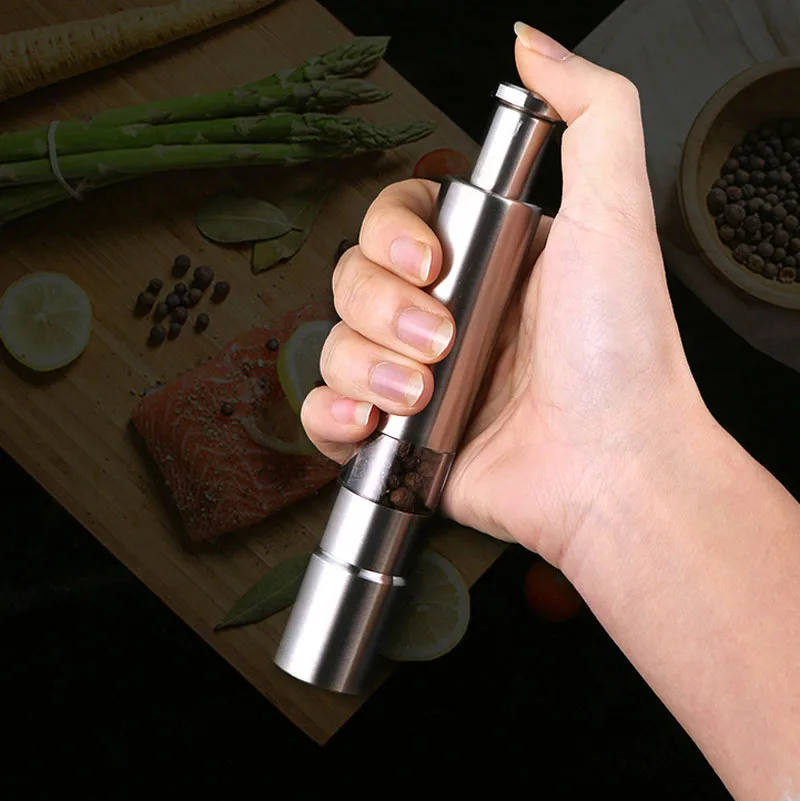 

Manual Salt and Pepper Grinder Set Thumb Push Pepper Mill Stainless Steel Spice Sauce Grinders With Metal Holder Kitchen Tool