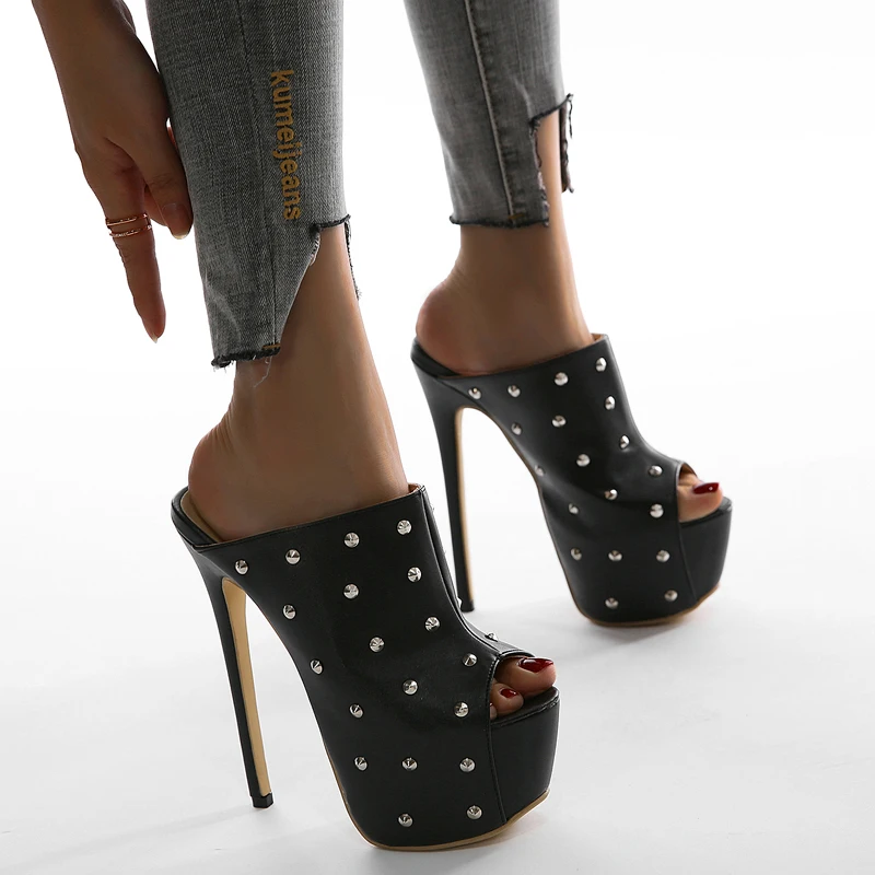 

17cmHeel Slippers Plus Size 42 Womens Sandal Platforms Shoes Rivet Peep Toe Hight Heels Sandals Fashion Sandalias De Tacon Mujer