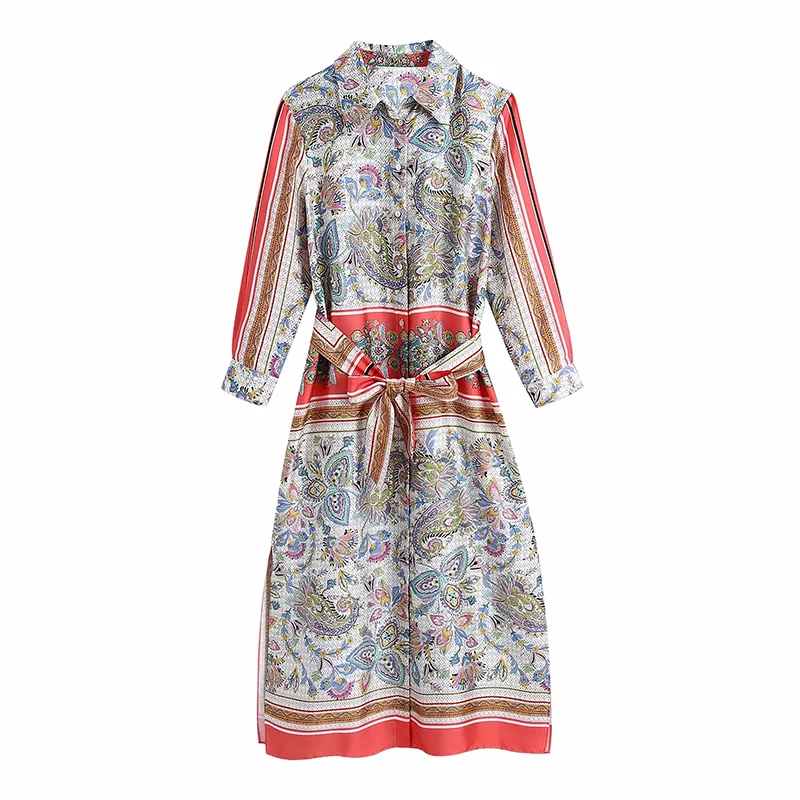 

2021 New Women Chic Fashion With Belt Printed Midi Shirt Dress Vintage Three Quarter Sleeve Side Vents Female Dresses Mujer