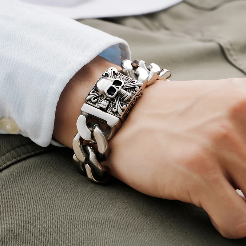 

Huge Heavy men hand bracelet Punk Skeleton Chain Fashion Solid 316L Stainless Steel Men's Knight Domineering Skull Bracelets