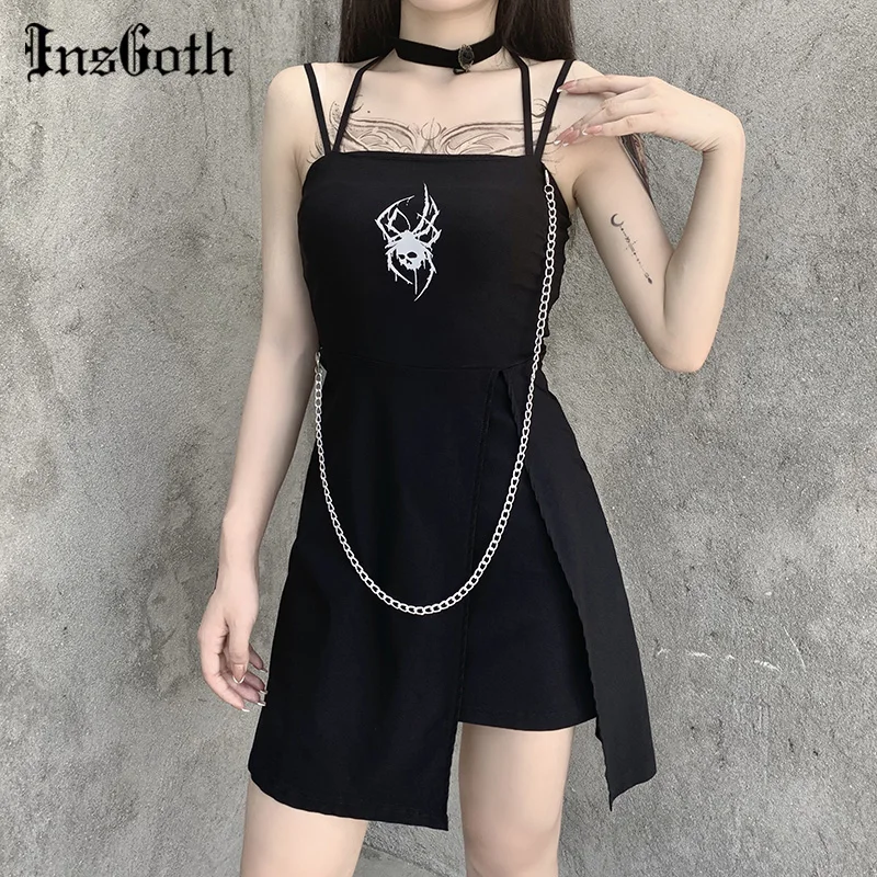 Женское платье трапеция InsGoth Черное мини в готическом стиле с отражающим принтом