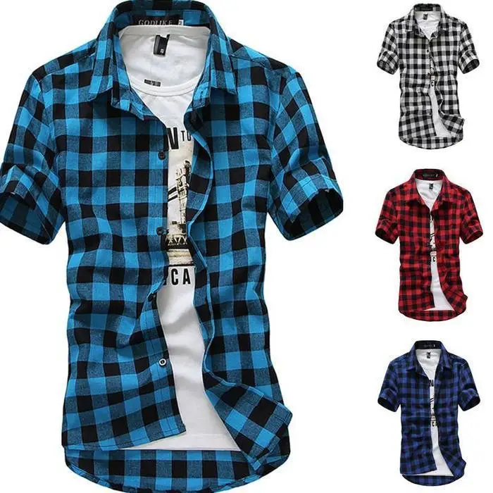 

Mens Check Shirt Flannel Brushed Cotton Short Sleeves Casual Slim Fit Top Plus Size