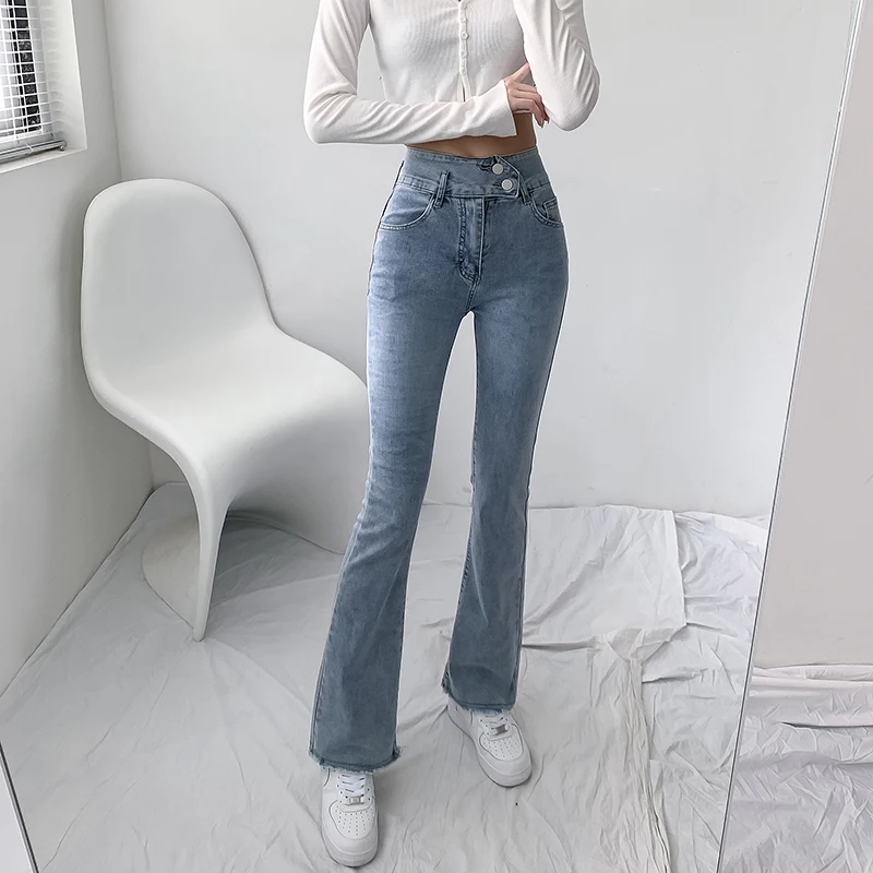 

Jeans Women Solid Blue Sexy Slimhigh Waist Jean Simple Ladies Full Length Mom Denim Flared Pants 2021 Autumn New